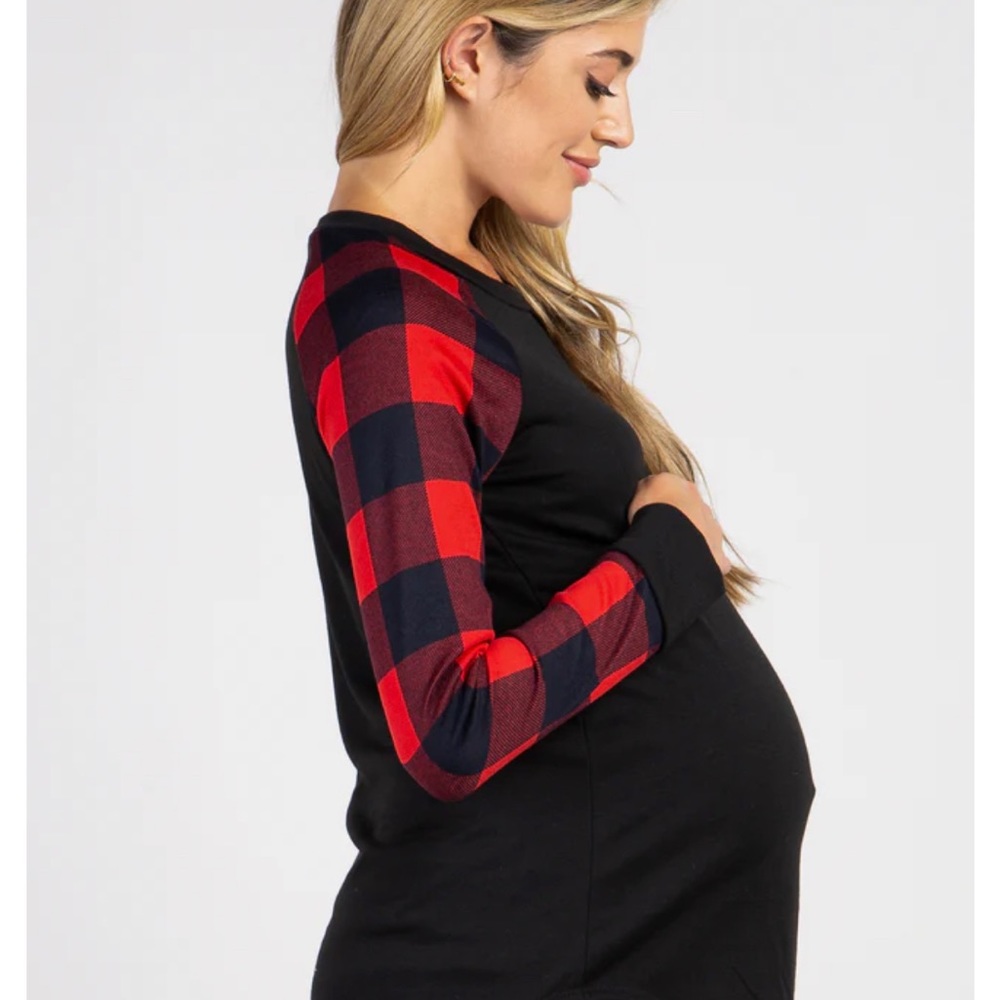 Plaid sleeved Pink blush maternity top